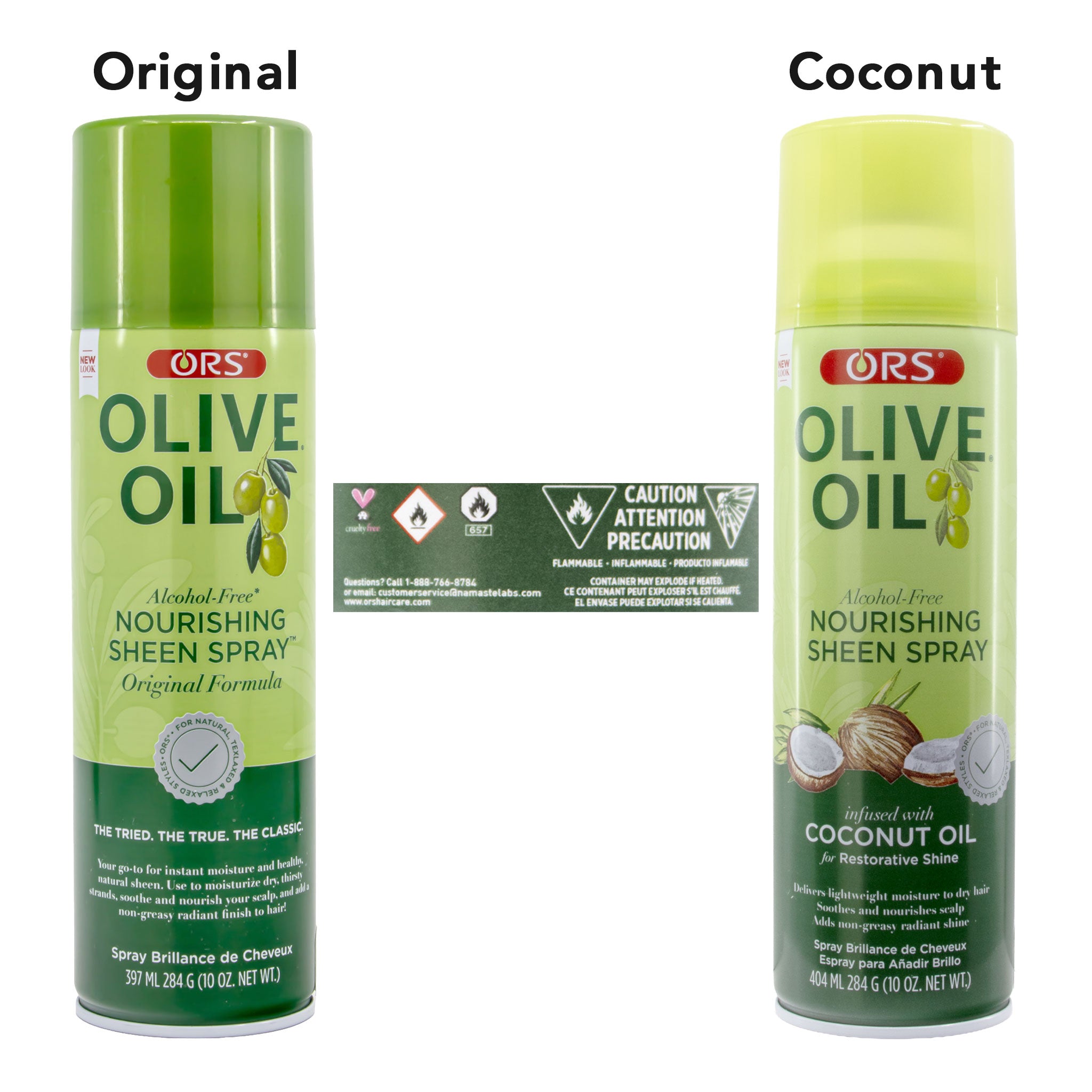 Two bottles of ORS Olive Oil Nourishing Sheen Spray, one labeled 'Original' and the other labeled 'Coconut'.