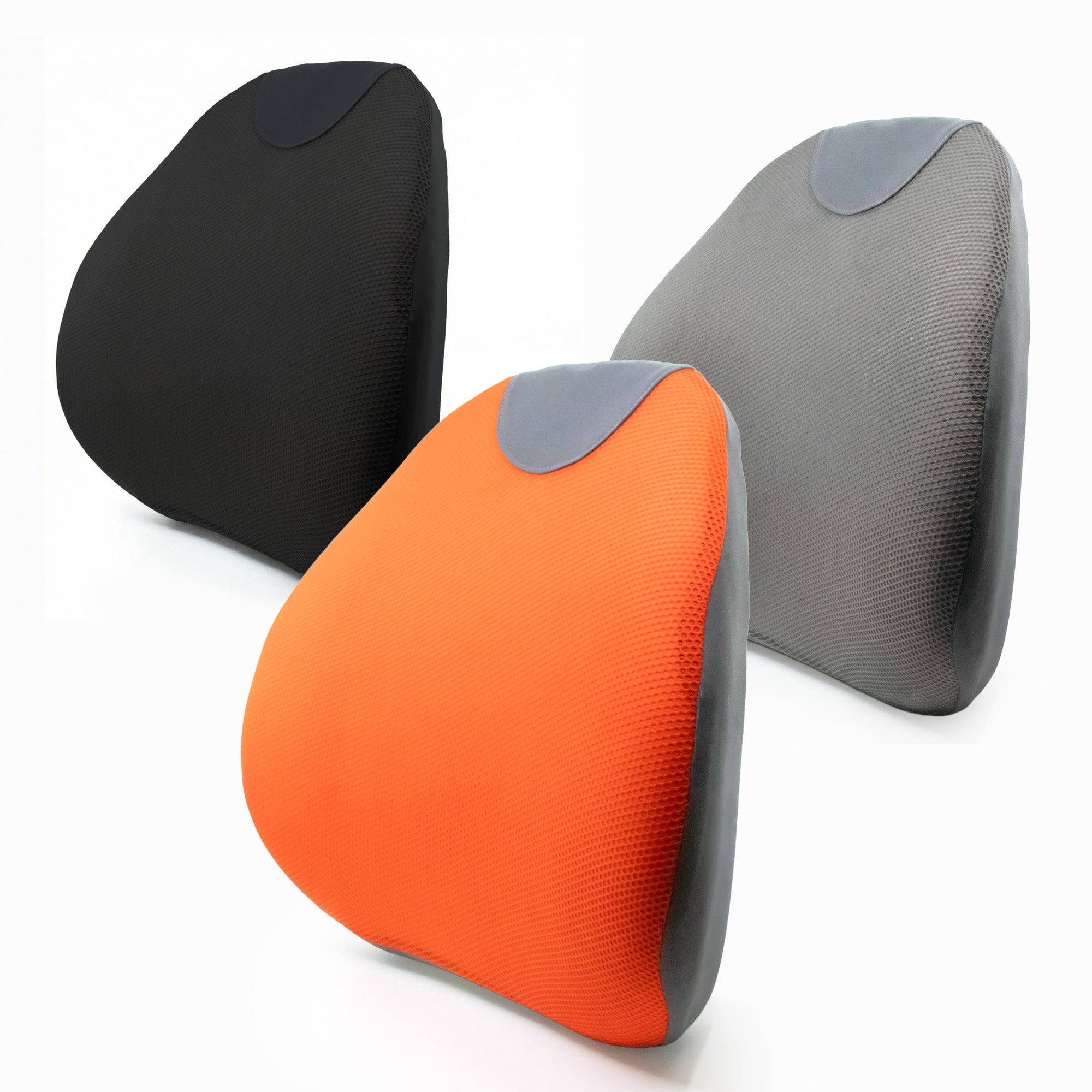 orange, black, grey back support cushion on the white background