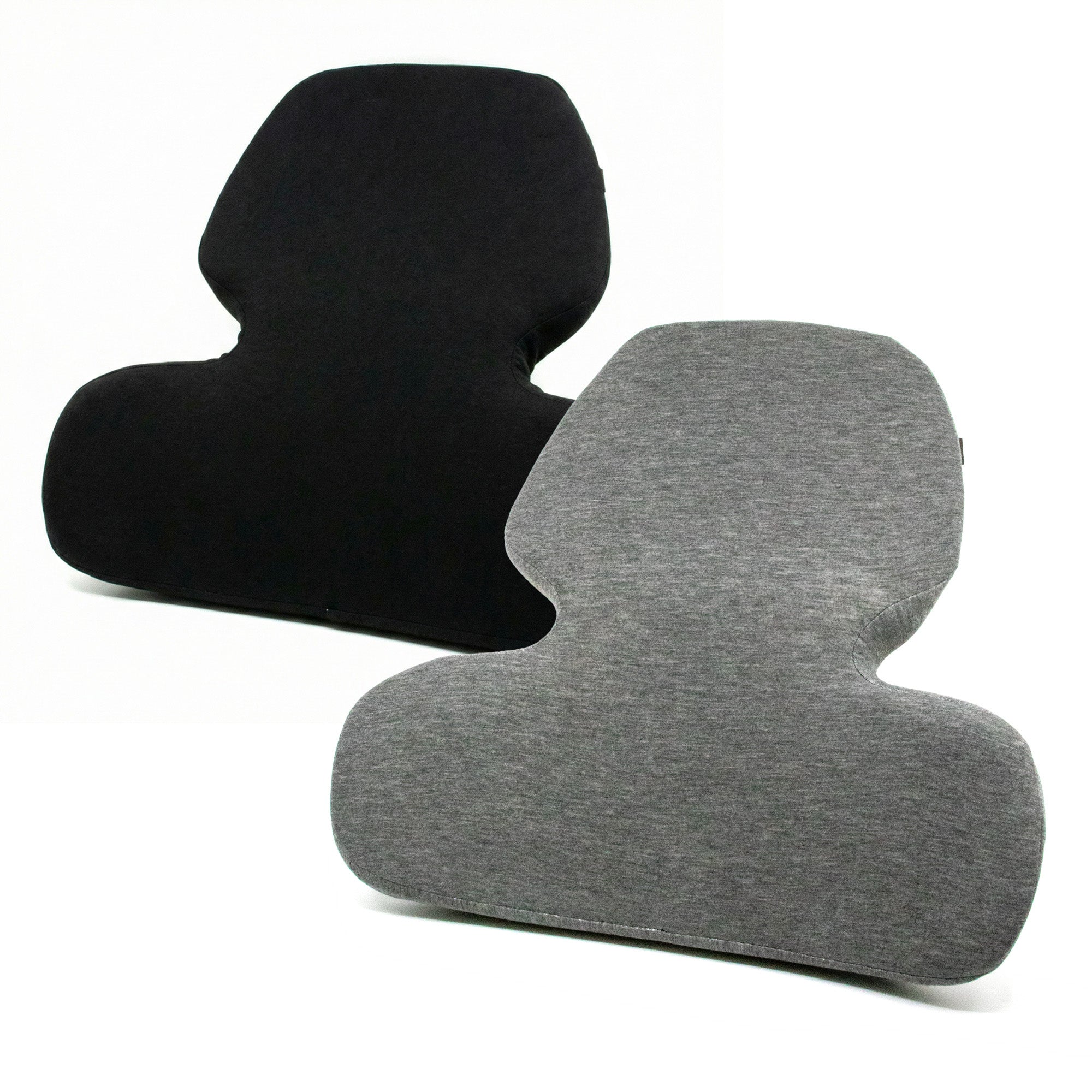 Black and gray back pillows on a white background
