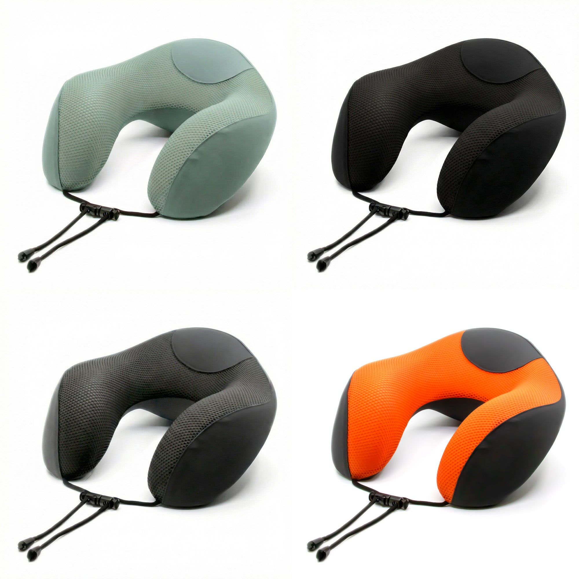 Four neck pillows in different colors on a white background