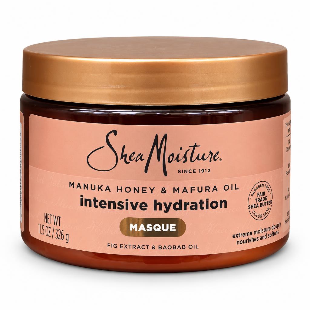 A jar of SheaMoisture Intensive Hydration Masque hair conditioner, featuring a metallic gold lid and a peach-colored label on a white background.