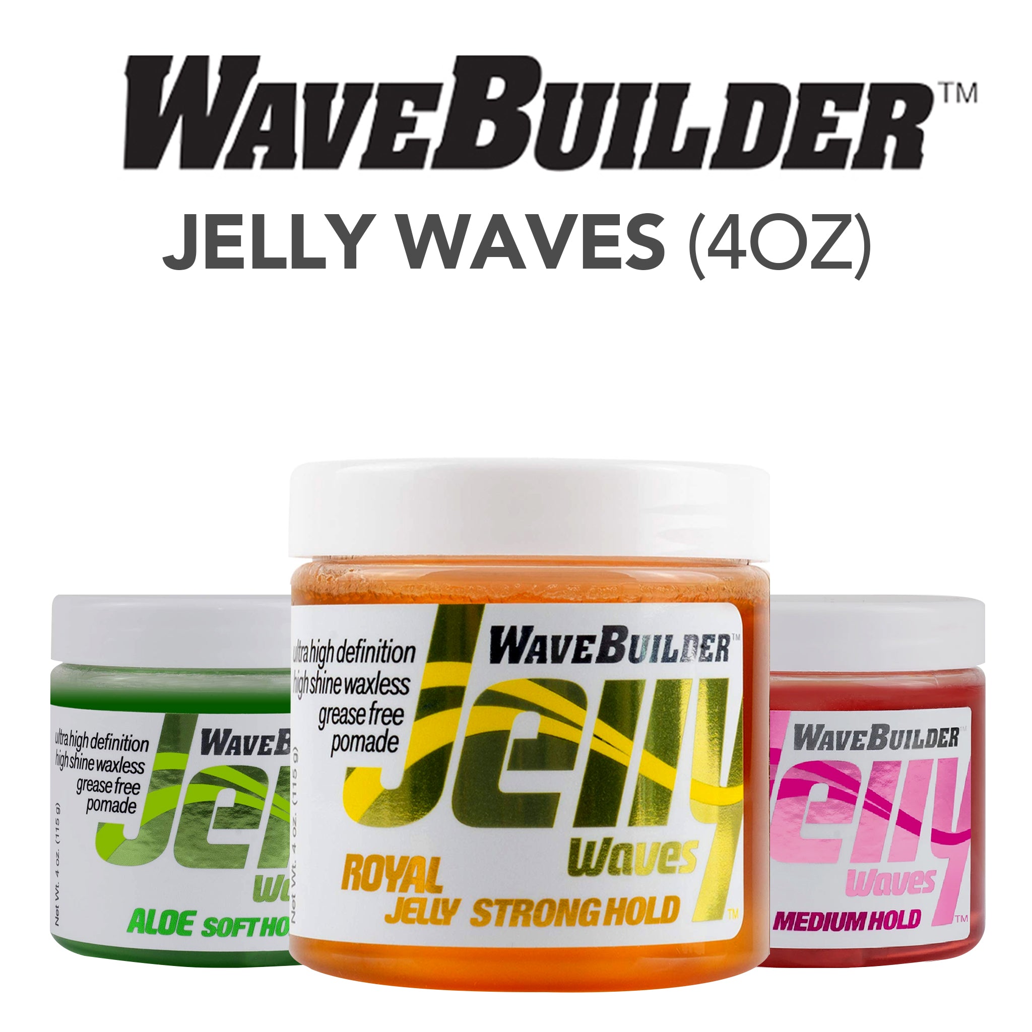 WaveBuilder jelly waves product packaging with different hold types on a white background