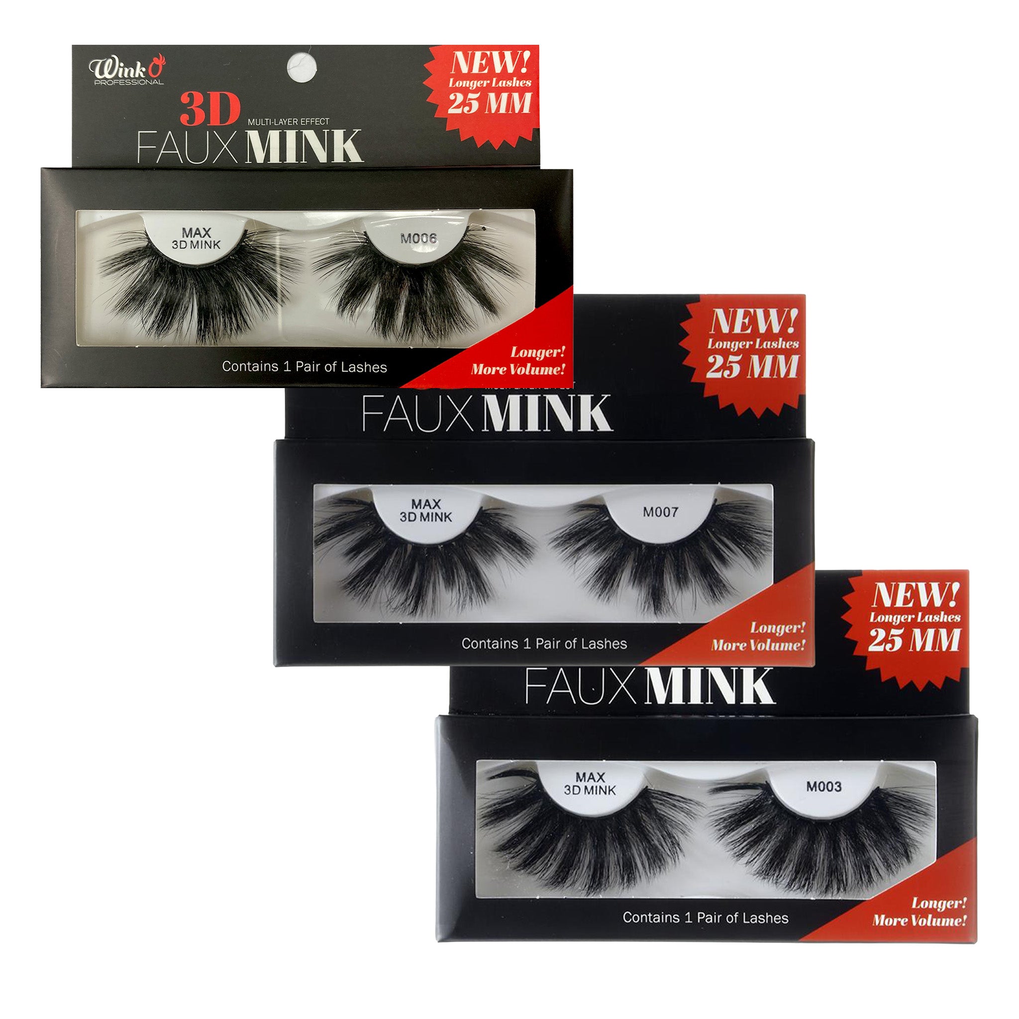 Multiple boxes of faux mink eyelashes with 'Wink' branding on a white background