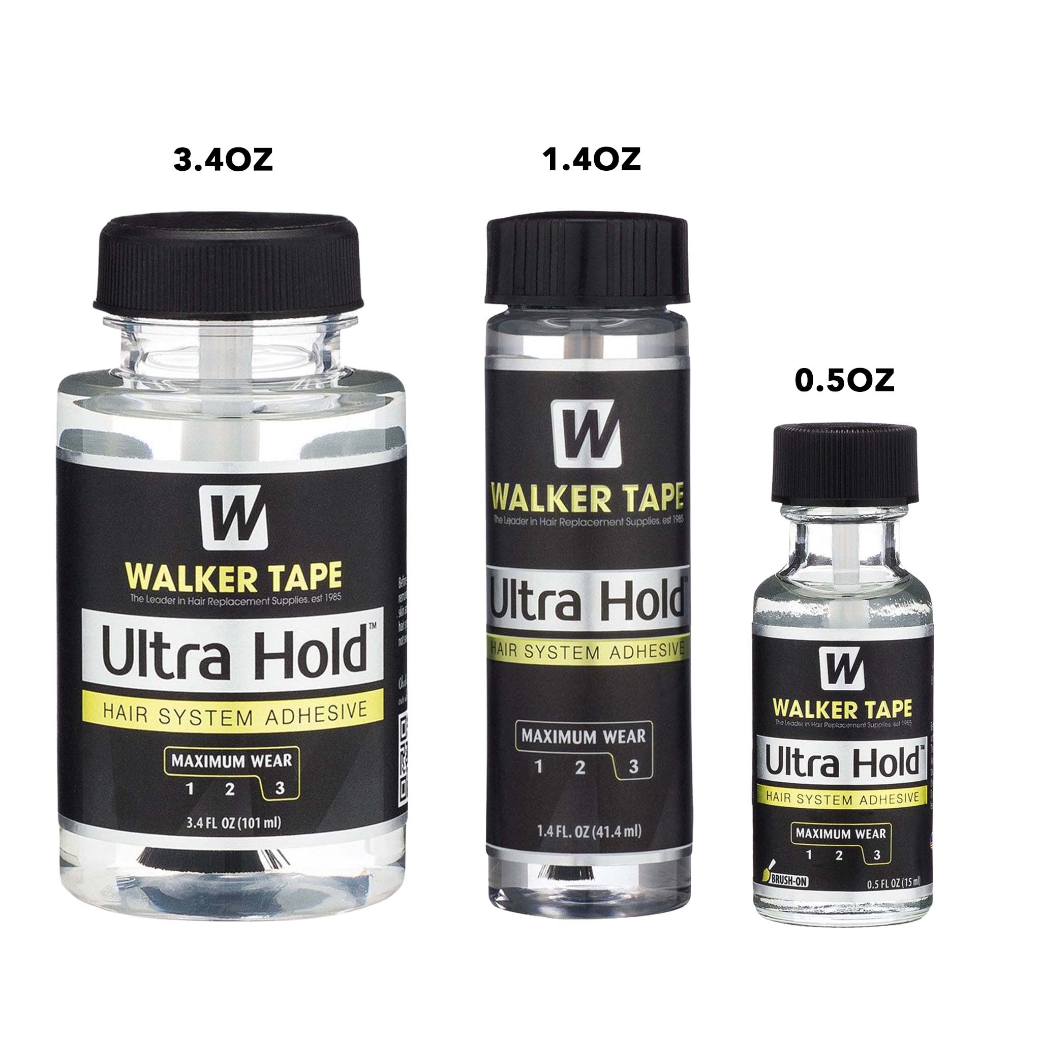 Three bottles of Walker Tape Ultra Hold hair system adhesive with different sizes on a white background.