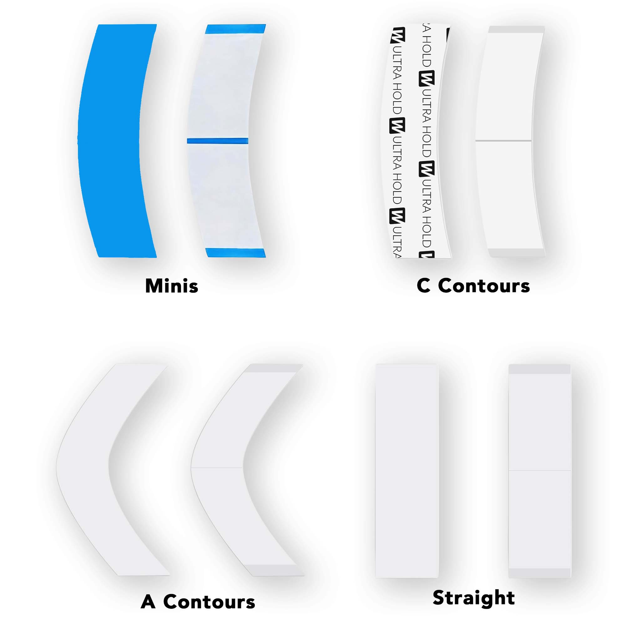 Illustrations of different hair product styles labeled 'Minis', 'C Contours', 'A Contours', and 'Straight' on a white background.