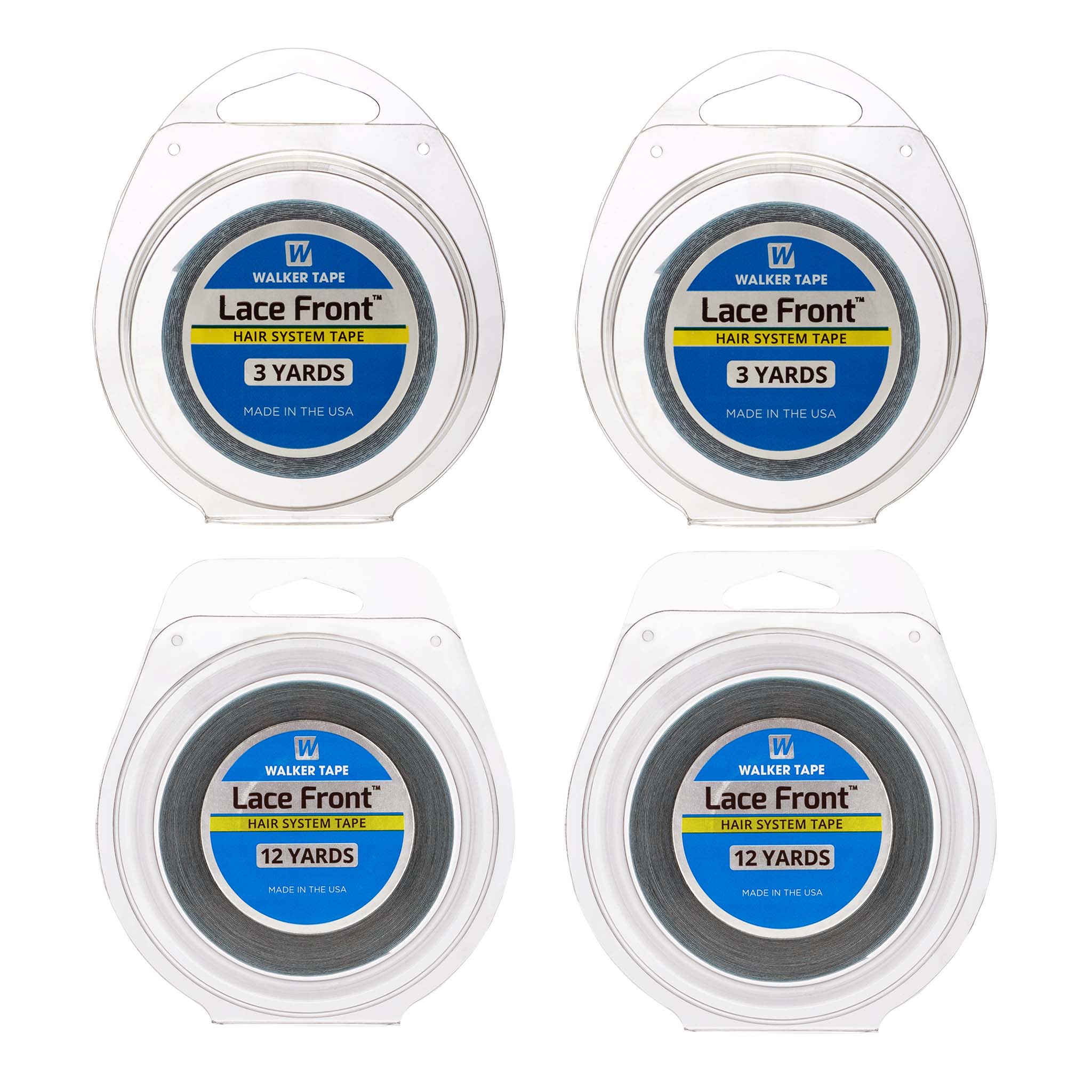 Four packages of Lace Front hair system tape with labels on a white background