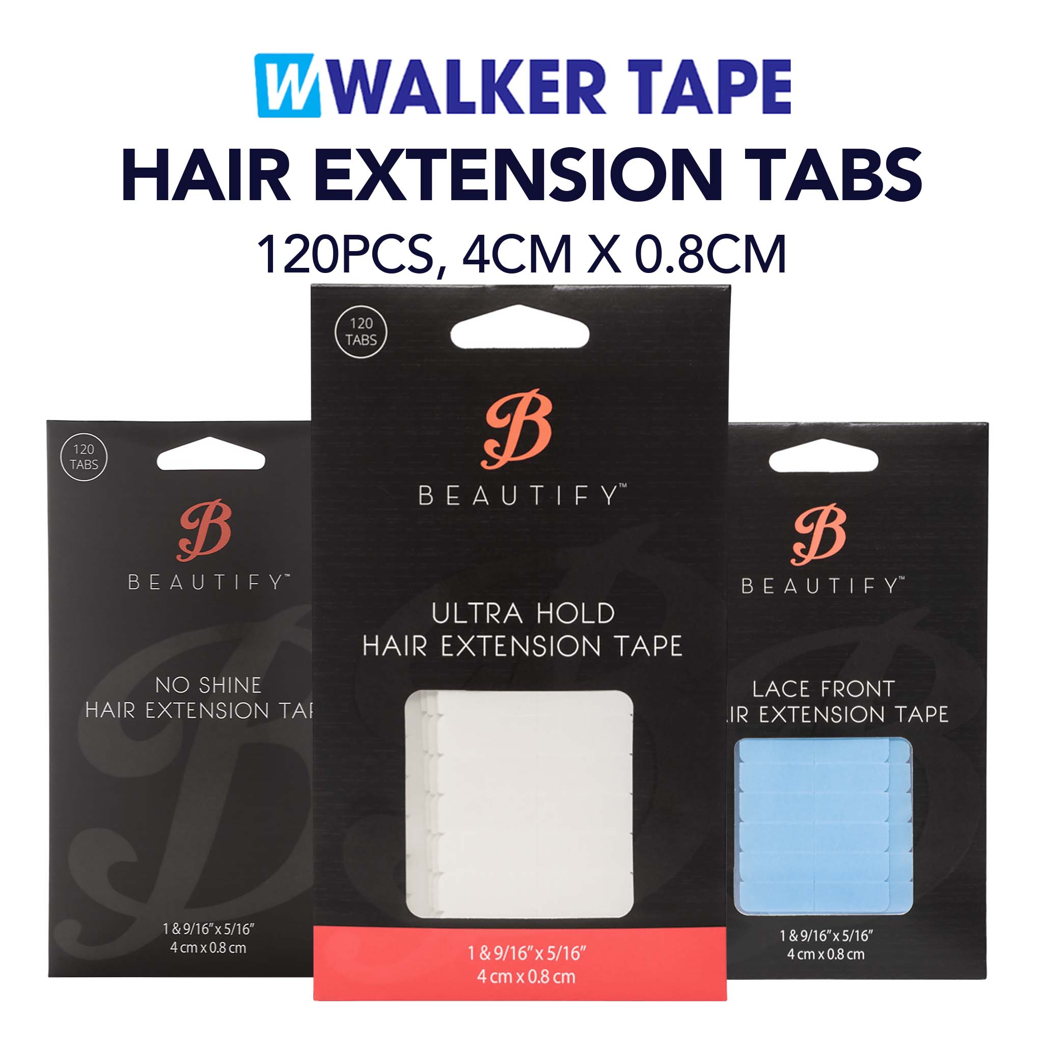 Packaging of Walker Tape hair extension tabs with Beautify branding on a white background