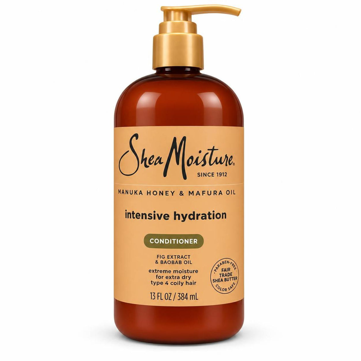 A 13 fl oz amber bottle of Shea Moisture Intensive Hydration Conditioner with a gold pump dispenser and a tan label, shown on a plain white background.