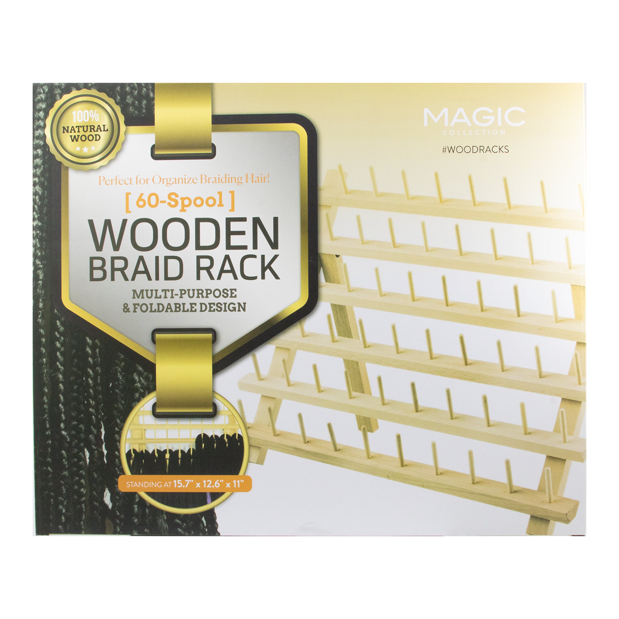 Packaging of a wooden braid rack with text and branding on a white background