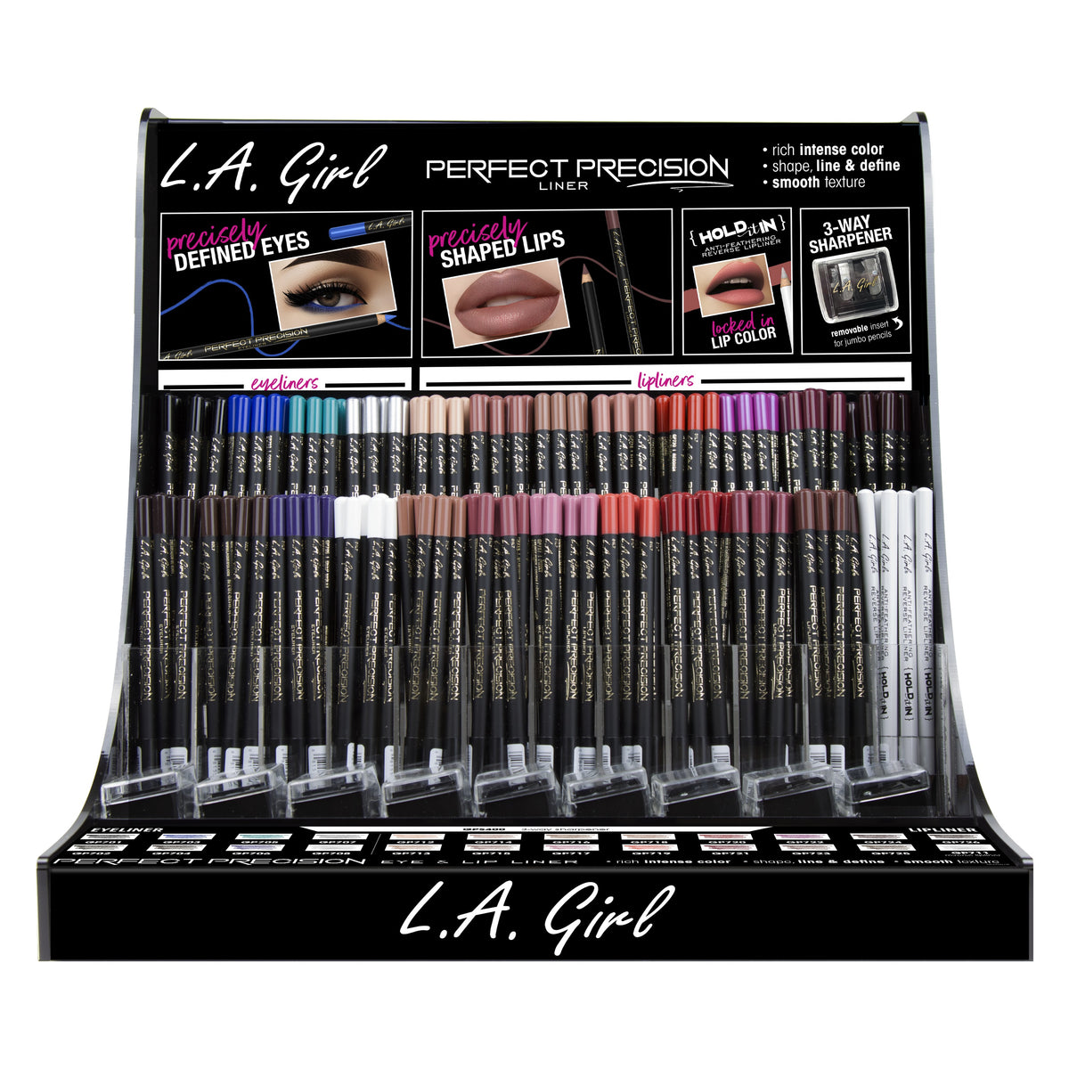 L.A. GIRL Perfect Precision Eyeliner & Lipliner Acrylic Display (24colors x 9pcs, Sharpeners x 9pcs) (GCD267.1)