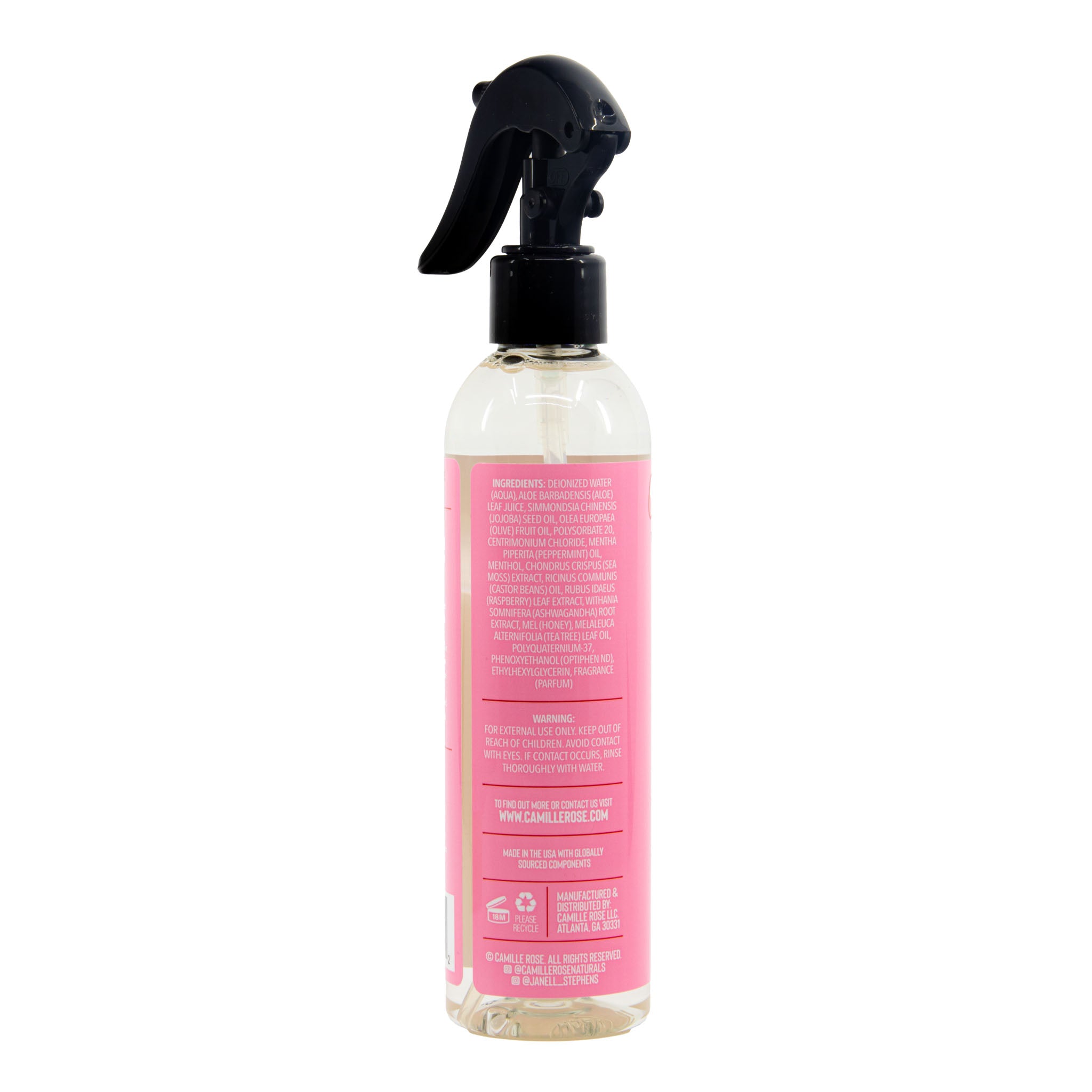 Bottle with pink label and black spray nozzle on a white background