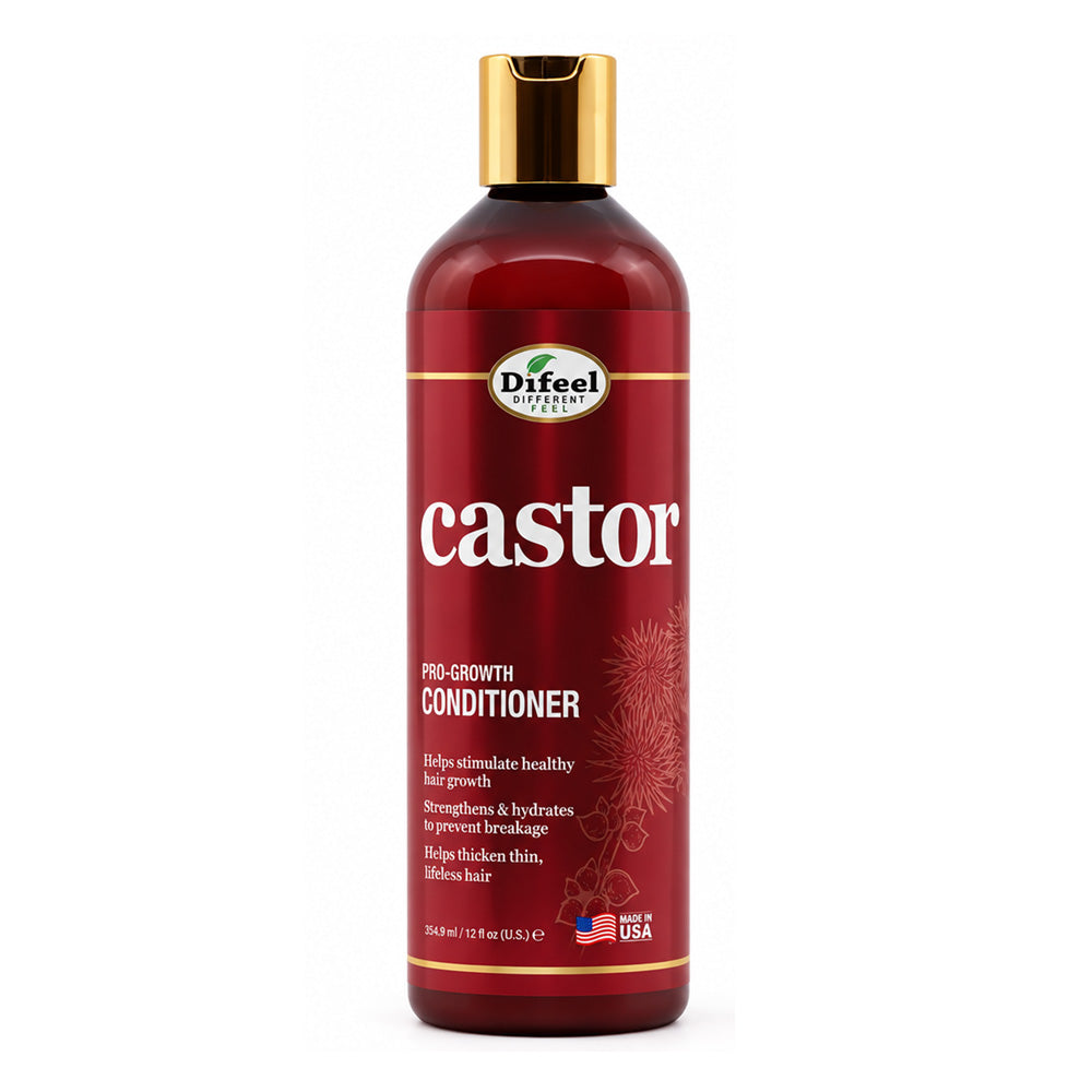 A bottle of Difeel Organics Castor Pro-Growth Conditioner, featuring a deep red bottle with a gold cap and a matching red label with white text.