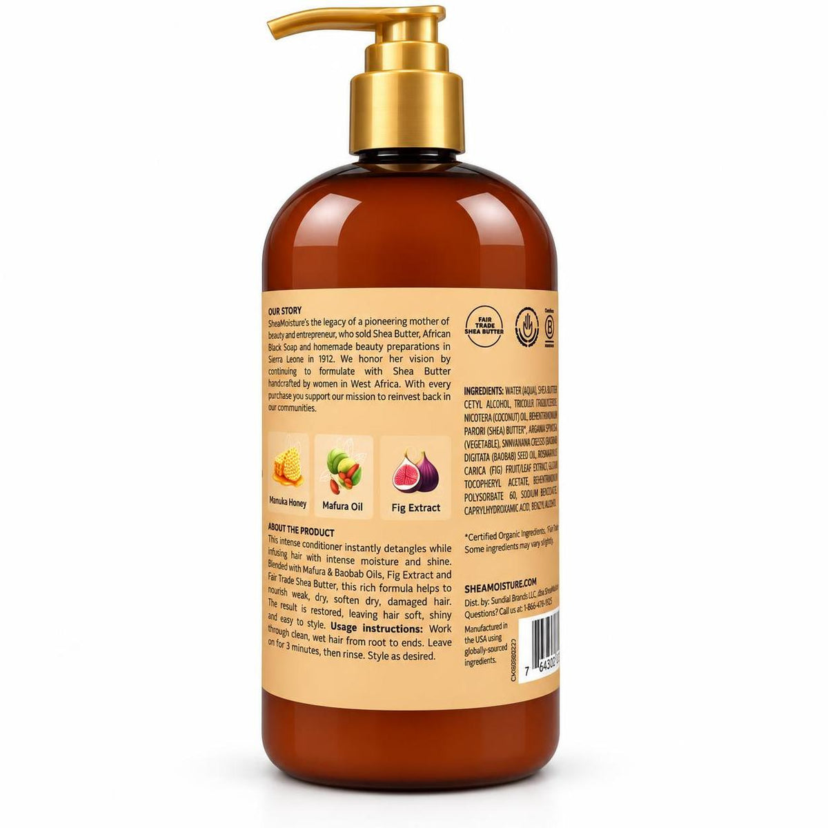 A bottle of Shea Butter hair conditioner shown from the back, featuring a translucent amber-brown bottle, a gold pump dispenser, and a beige label with product details, ingredients, and a barcode.