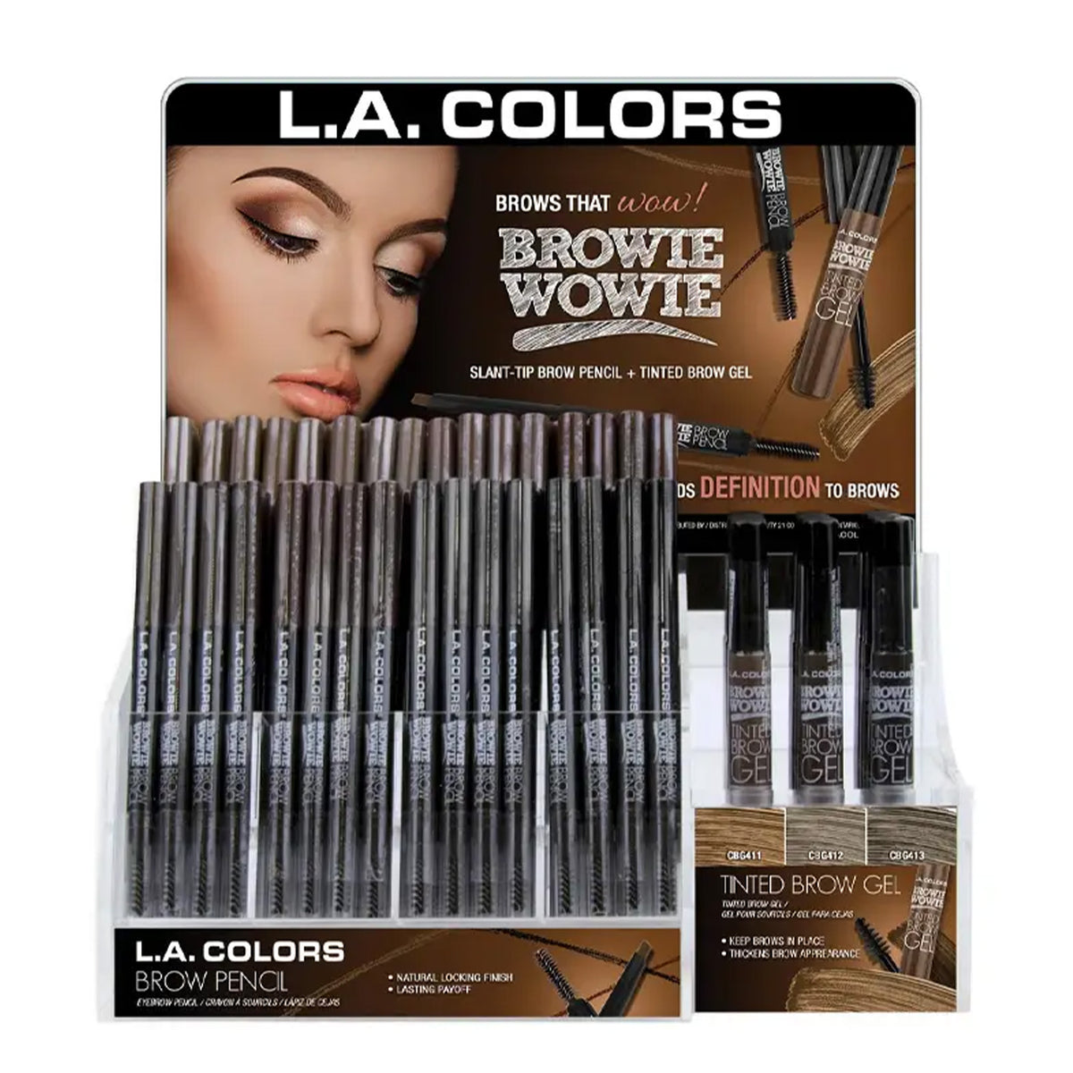 L.A. COLORS Browie Wowie Brow Pencil & Gel Acrylic Display (0.2g, 8colors of Pencil x 18pcs, 3colors of Gel x 12pcs) (CAD77.1)
