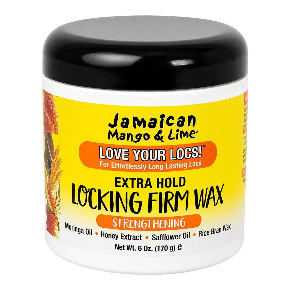 A white plastic jar of Jamaican Mango & Lime Extra Hold Locking Firm Wax with a black lid and a yellow label, shown on a plain white background.