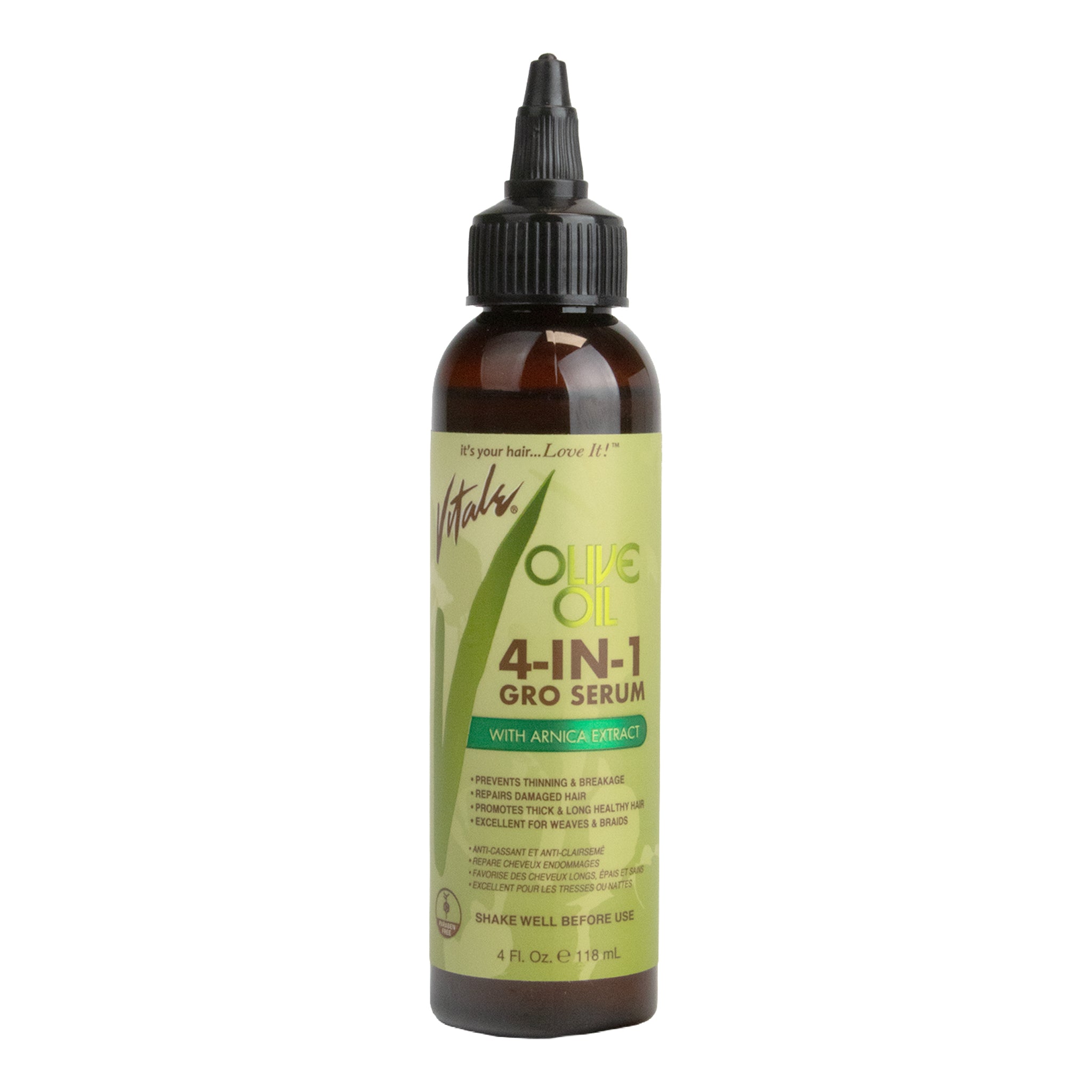 Bottle of 4-IN-1 Gro Serum with olive oil on a white background