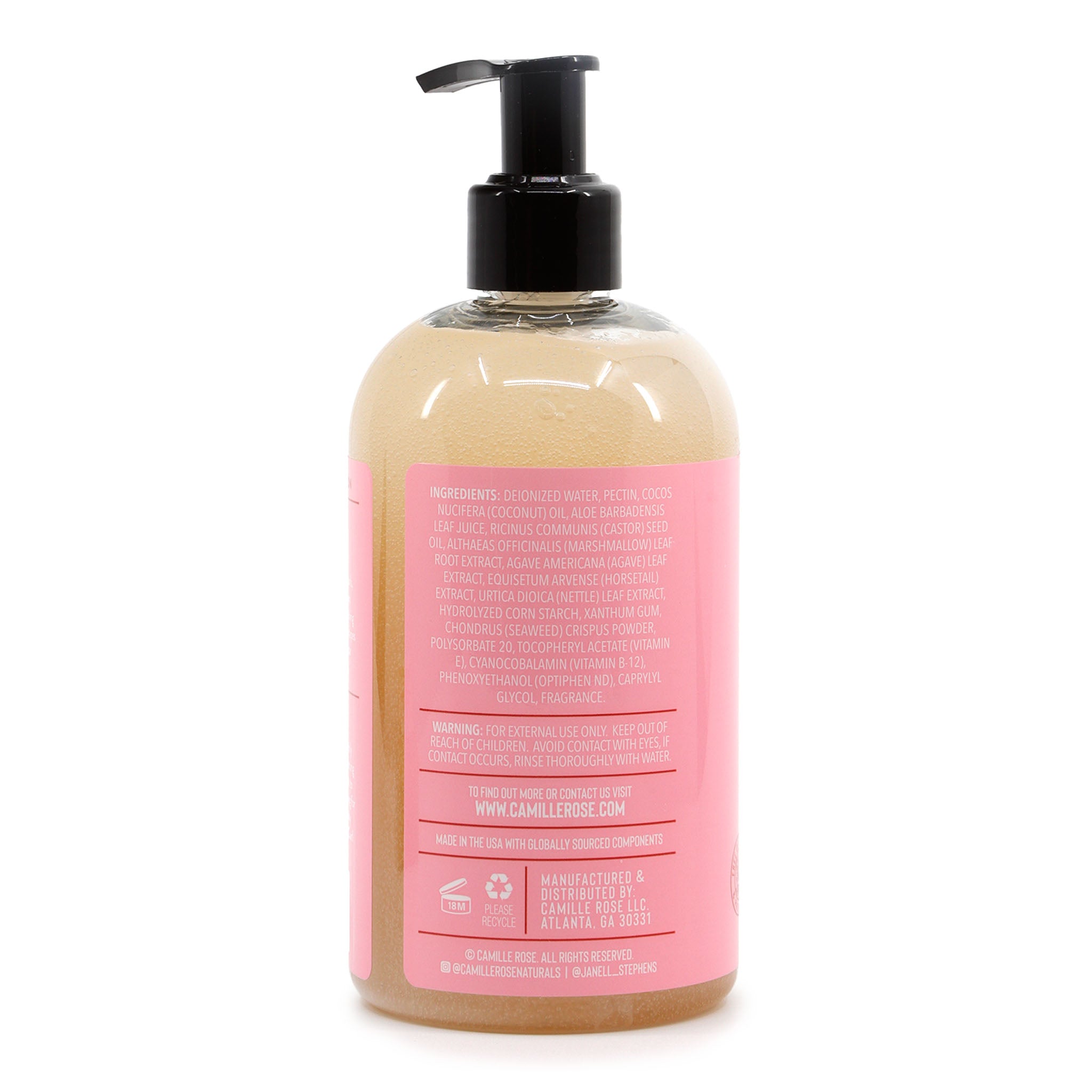 Bottle with pink label and black pump on a white background