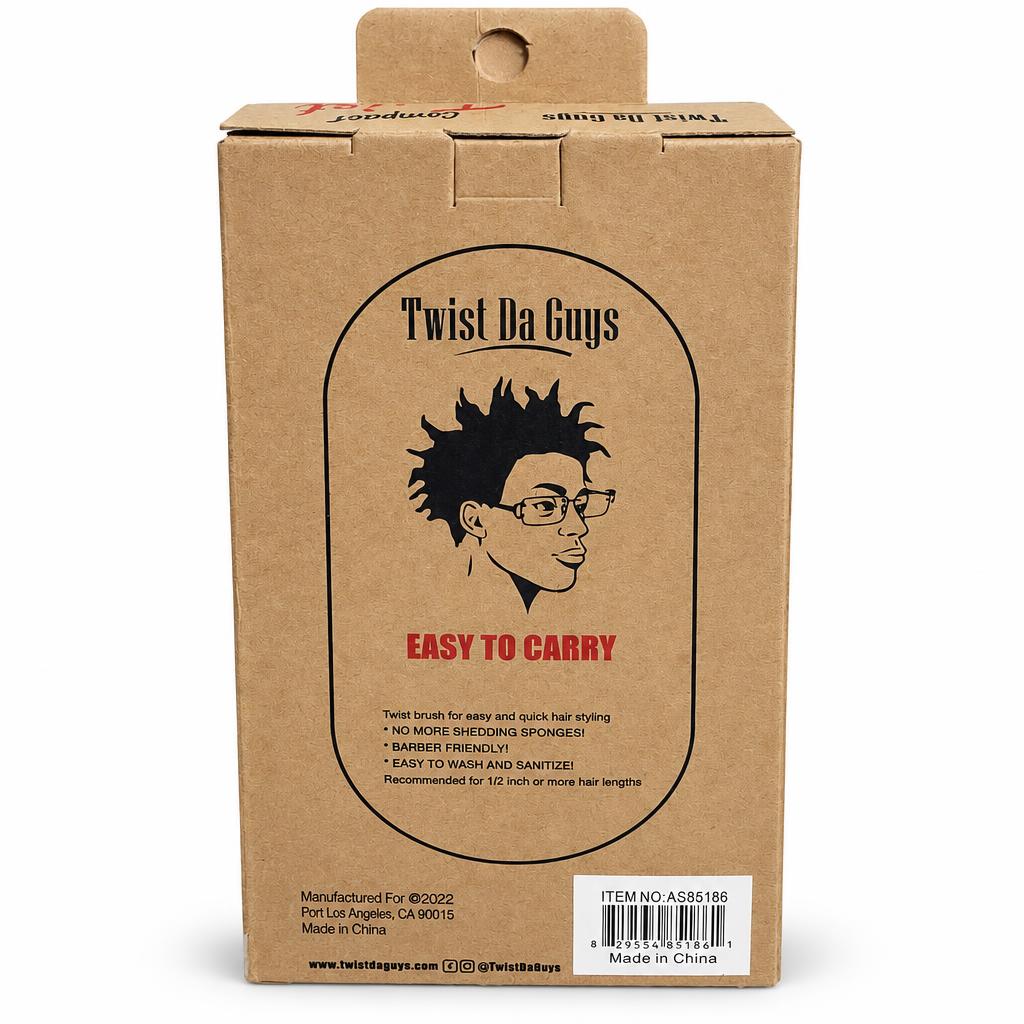The back of a brown kraft cardboard box for Twist Da Guys, featuring a black line art illustration of a man with spiky hair and glasses, with red text reading 'EASY TO CARRY'.