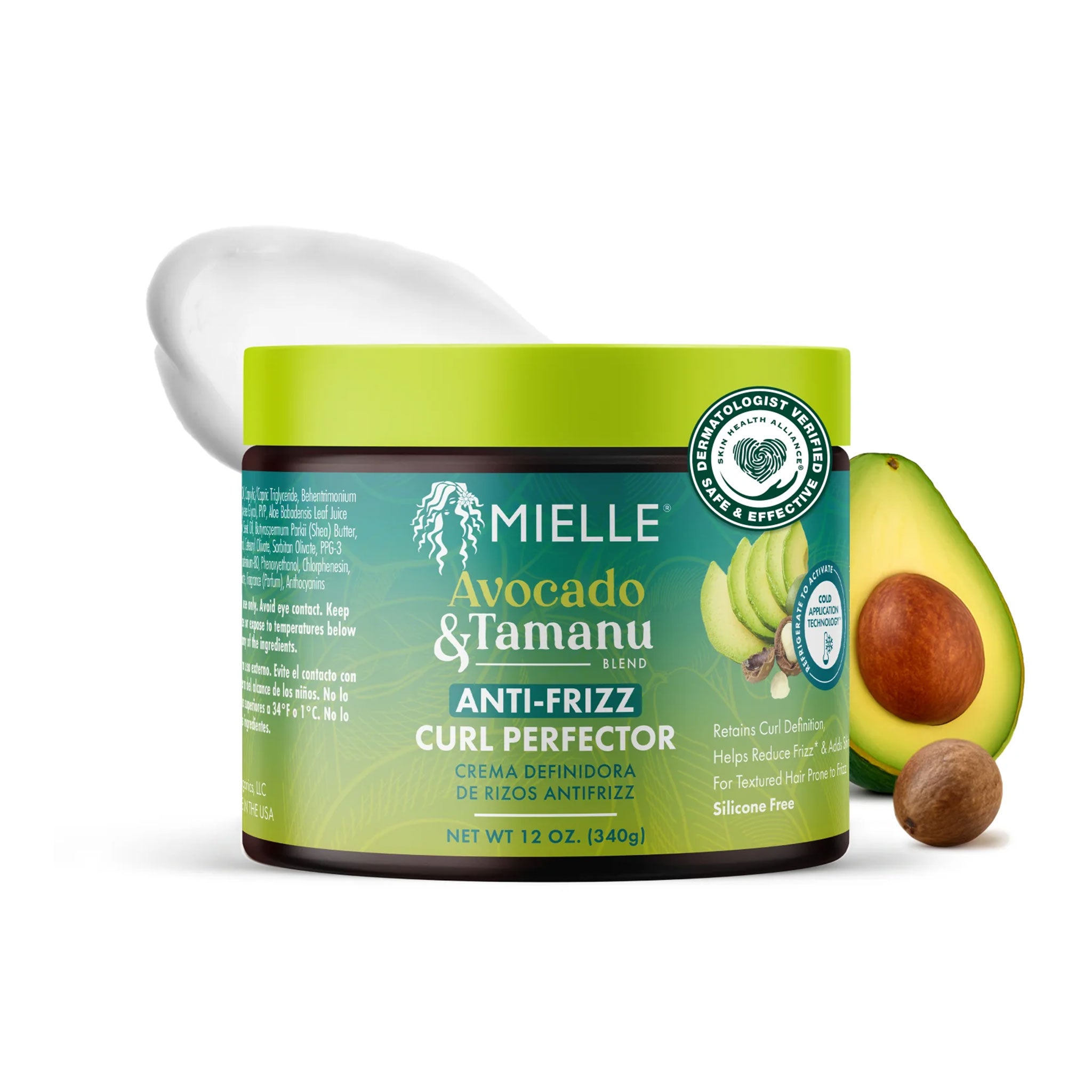 Mielle Avocado & Tamanu Anti-Frizz Curl Perfector jar with an avocado and seed on a white background