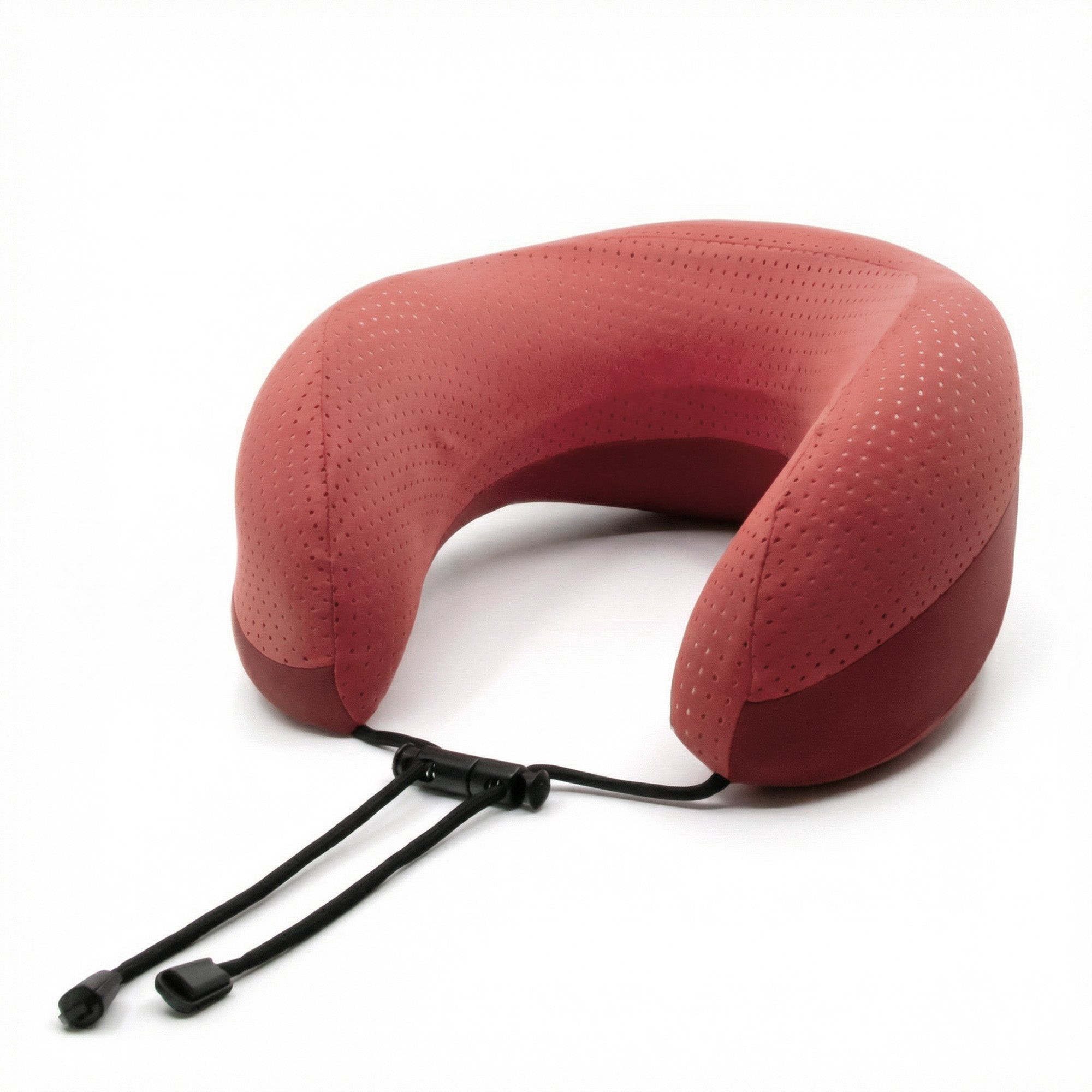 Red travel neck pillow with a black strap on a white background