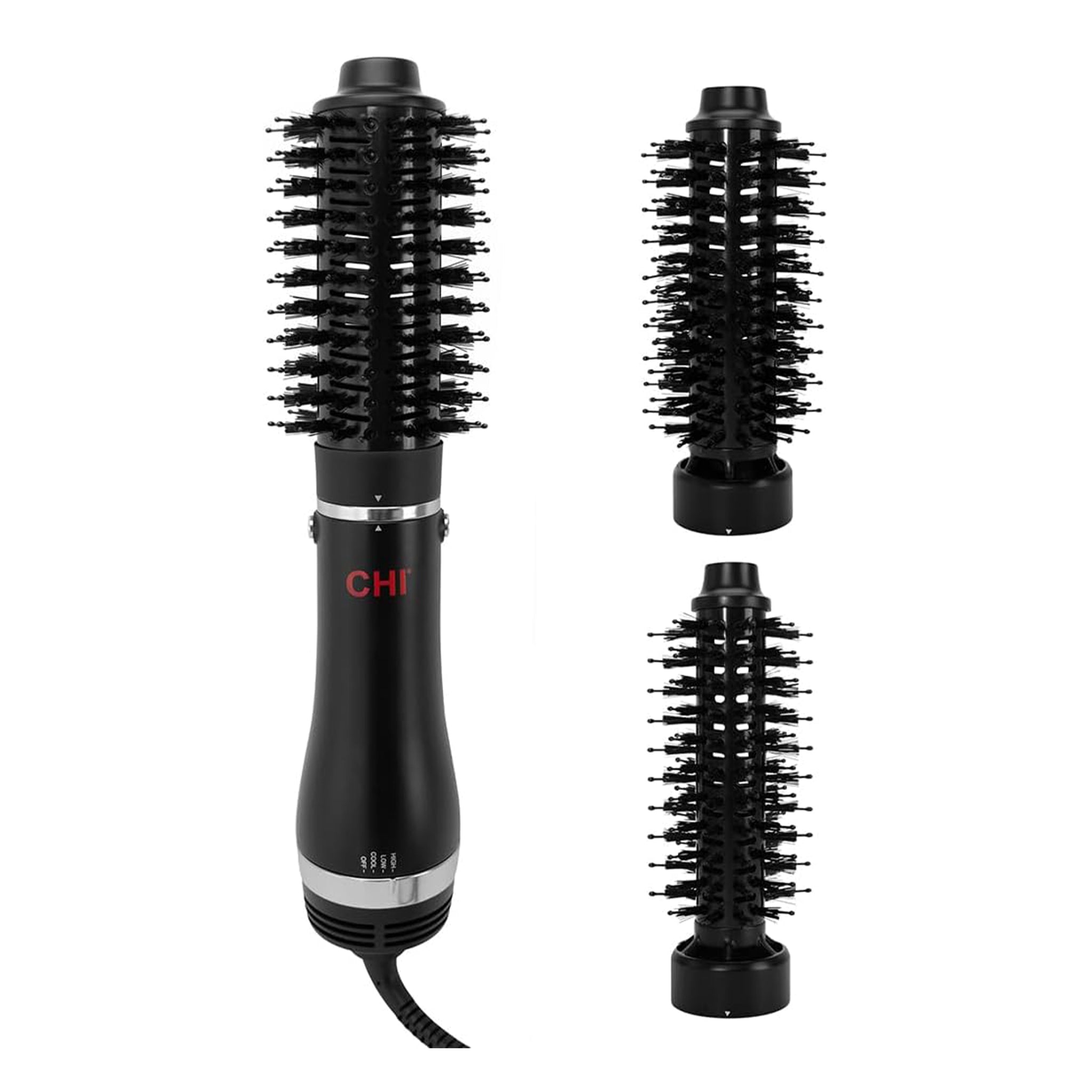 Black hair styling tool with interchangeable nozzles on a white background