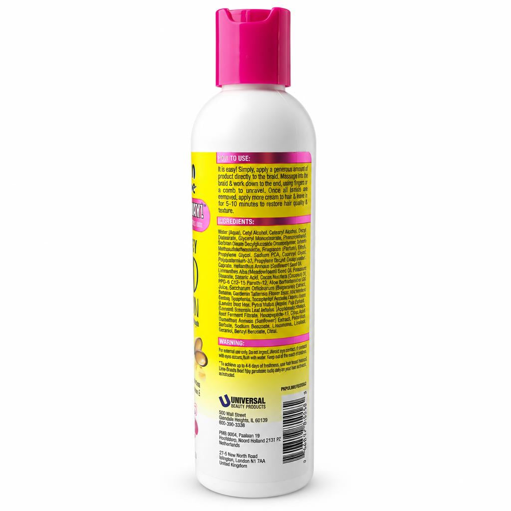 A white plastic bottle of Universal Pets Hair Conditioner with a bright pink cap, showing the back label with yellow and pink text.