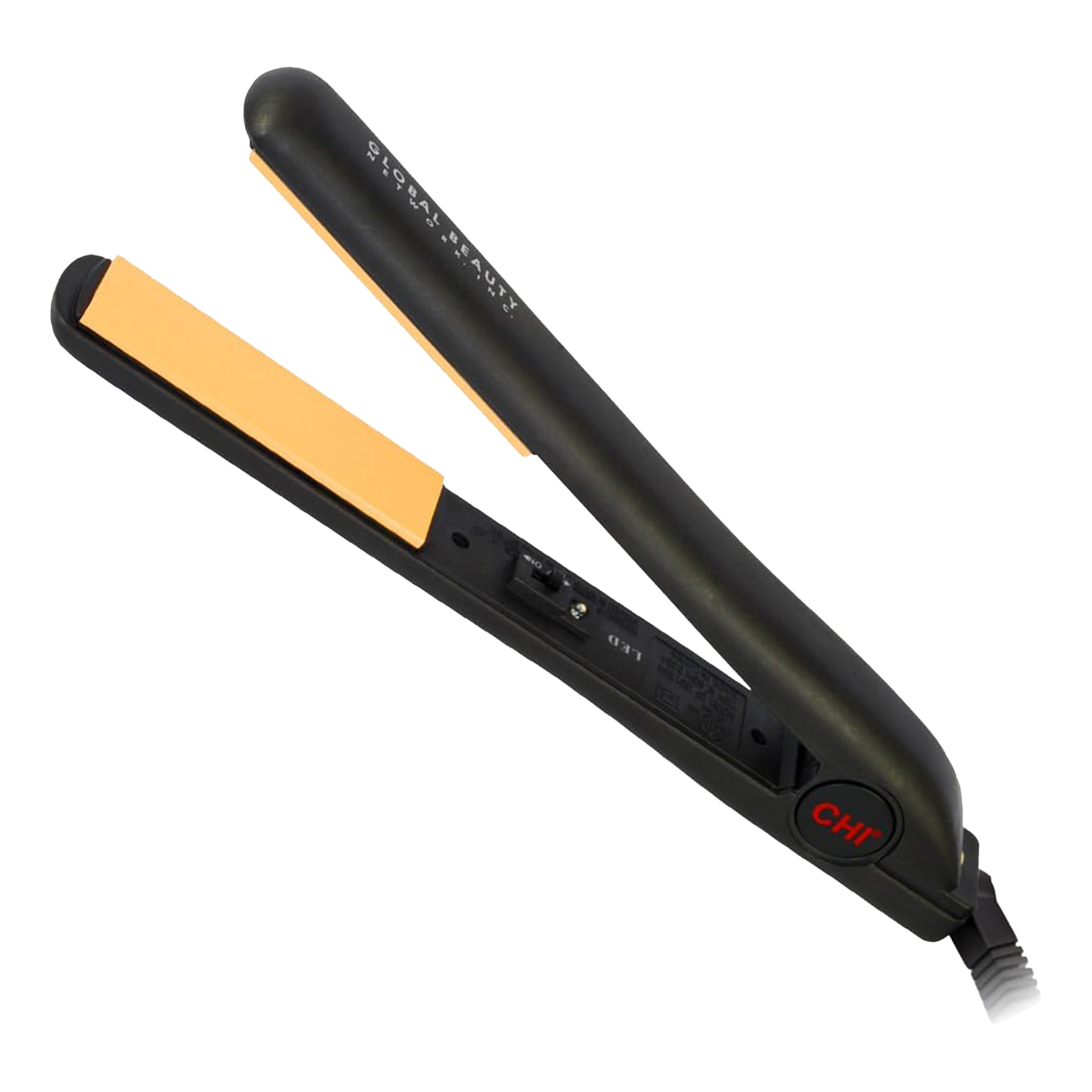 Black and orange hair straightener on a white background